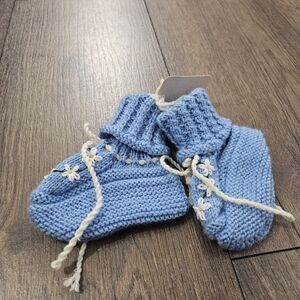 Blue Knitted Baby Booties with Floral Accents